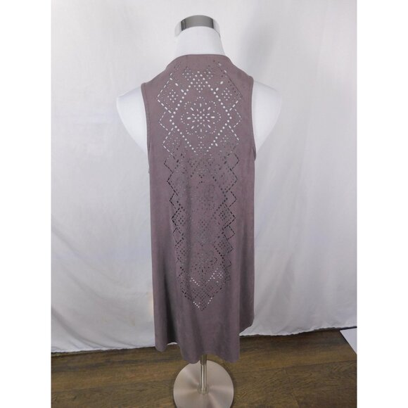 Cato Vest Womens Medium Taupe Open Front Sleeveless Laser Cut Back Faux Suede - Picture 5 of 12